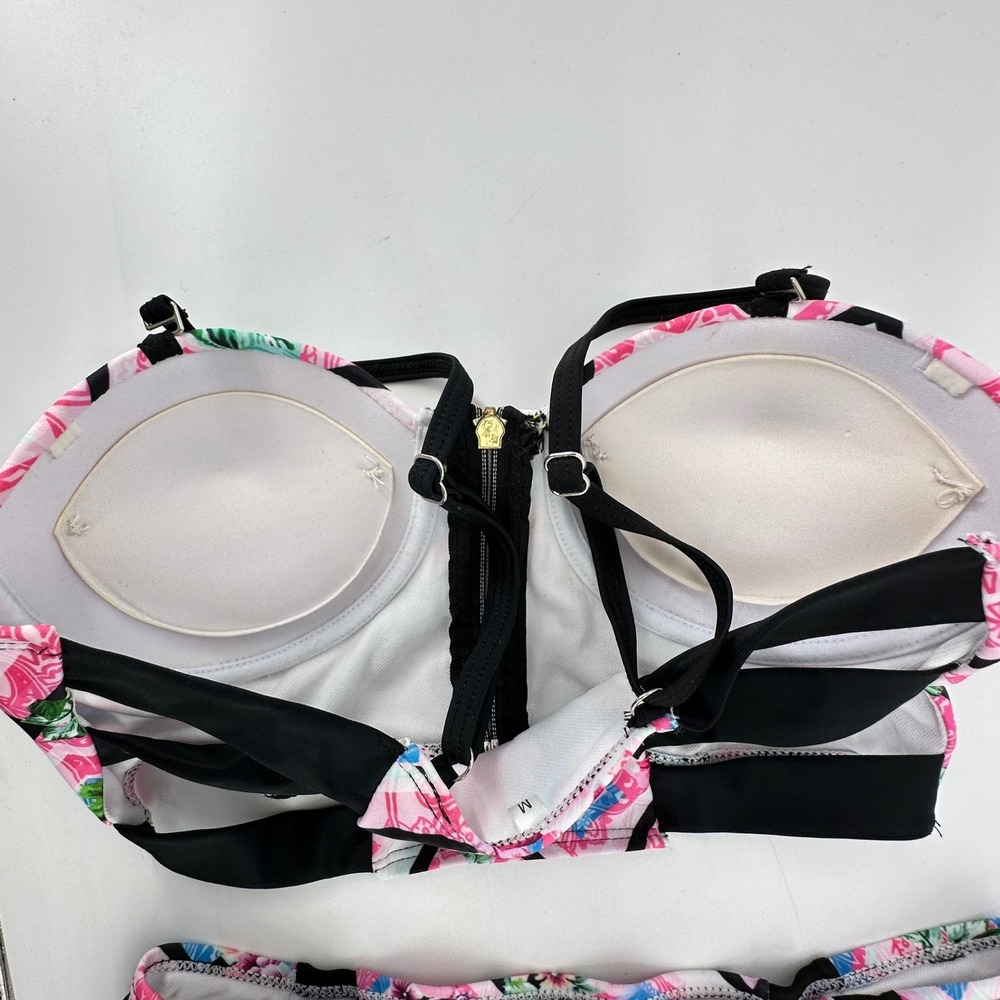 Bikini Set Bustier Push Up Women M Pink Floral Geometric Zipper Detail - Picture 3 of 7